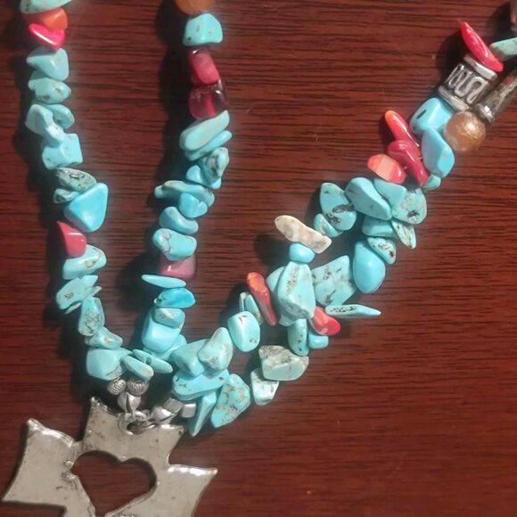 Southwestern Navajo Turquoise Double Strand Necklace Pewter Ankh Pendant Heart - Picture 10 of 12
